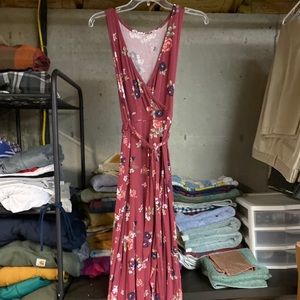 maroon floral surplice wraparound maxi dress